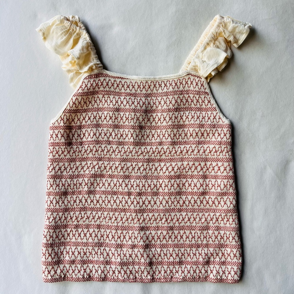 Böhme Textured Cream and Rust Stretchy Knit Tank with Ruffled Cream Straps